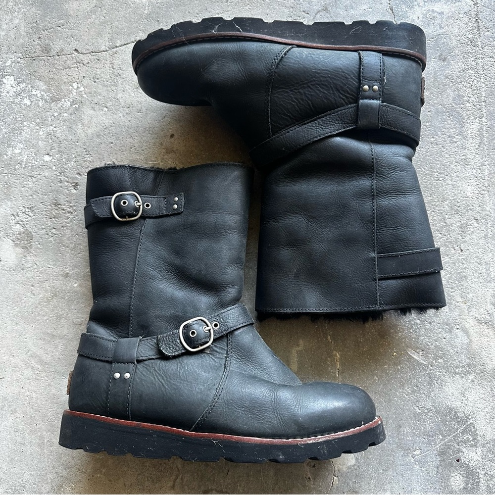 UGG Noira Black Waterproof pull on Sherpa lined Leather Moto Boots women’s 8